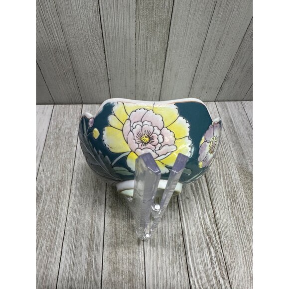 Vtg Chinoiserie Oriental Decorative Bowl Porcelain Painted Teal Floral Pattern - Picture 4 of 7